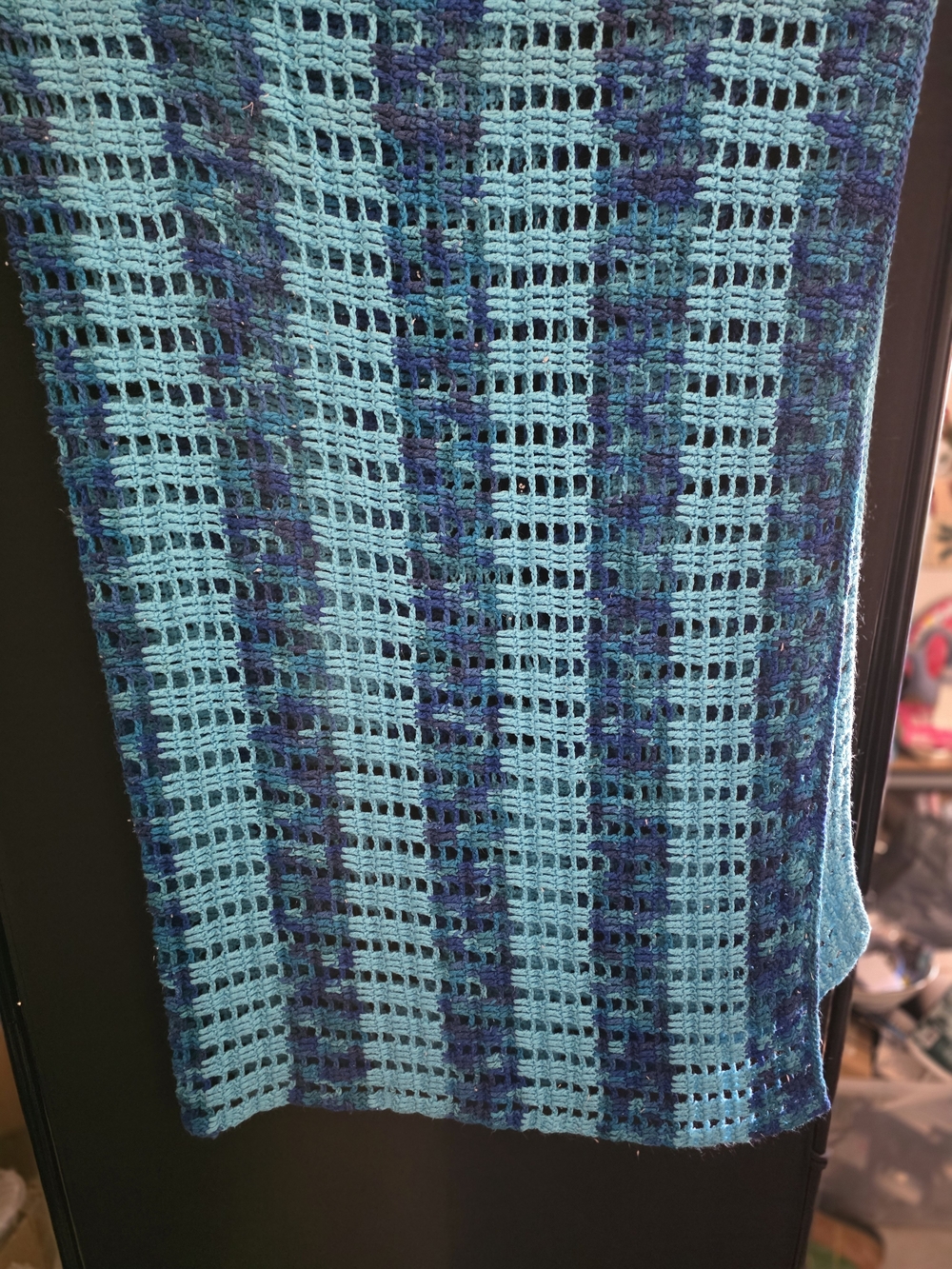 Handmade Openwork Crochet Scarf in Teal and Navy